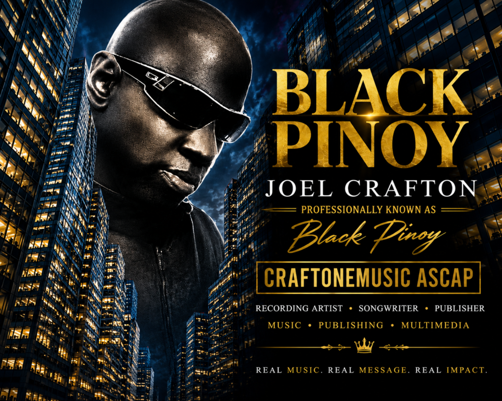 BLACK PINOY Joel Crafton promotional image featuring a dramatic city skyline, luxury skyscrapers, music industry branding, and Craftonemusic ASCAP recording artist, songwriter, publisher, and multimedia creator.