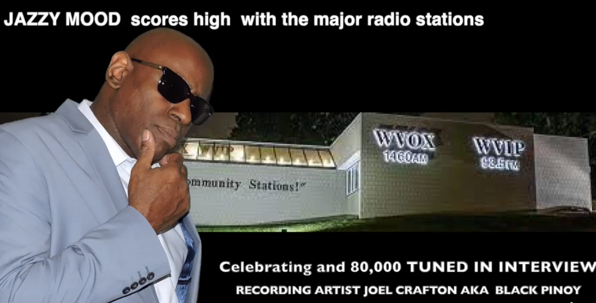 Joel Crafton aka Black Pinoy featured in a radio interview promoting Jazzy Mood with major radio station recognition and media support.