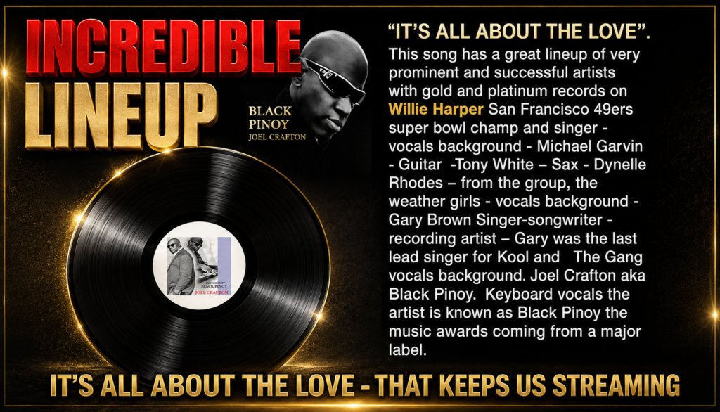 Promotional graphic for "It's All About The Love" featuring Black Pinoy (Joel Crafton) alongside accomplished recording artists, musicians, performers, and industry professionals. The project showcases a collaborative lineup of recognized talent from music, entertainment, and professional sports.