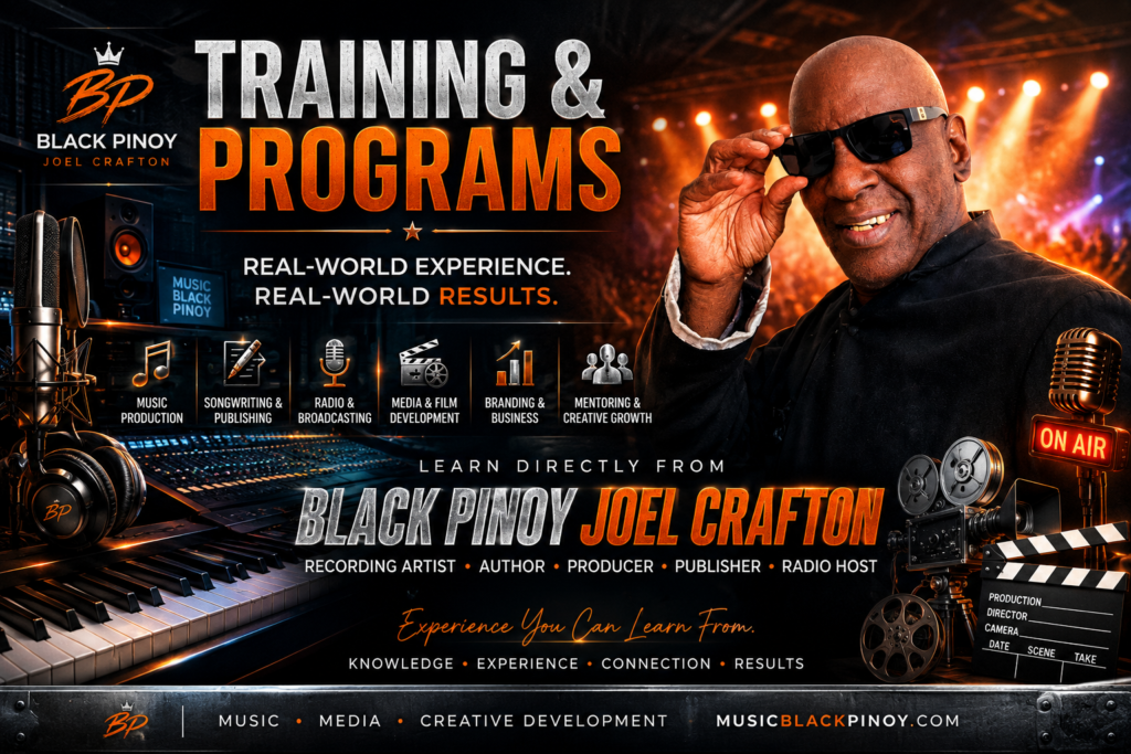 Black Pinoy Joel Crafton presents music, media, publishing, broadcasting, and creative development training programs based on decades of professional industry experience.