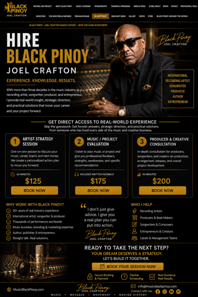 Black Pinoy Joel Crafton music industry consultant, recording artist, songwriter and producer offering artist strategy, music project evaluation and creative consultation through Music Black Pinoy.
