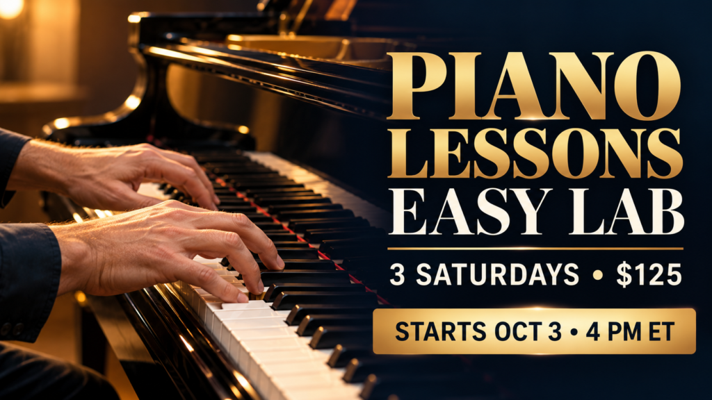 Hands playing a grand piano beside a Piano Lessons Easy Lab announcement for three Saturday classes starting October 3.